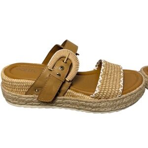 Earth Colla Wedge Slide Sandals Tan Raffia Espadrille Leather Buckle Comfort 10